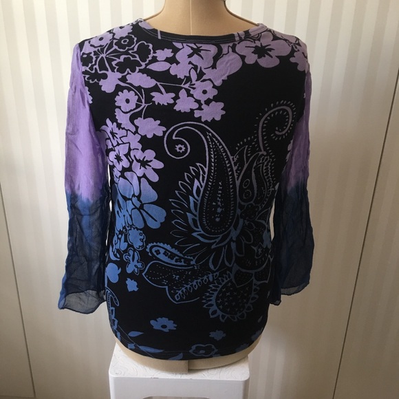 Papa blue purple black paisley sequins long sheer sleeves tee Size L - Picture 4 of 8